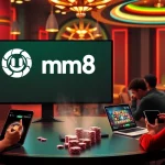 Engage with mm88 online gambling featuring vibrant visuals of slot machines and poker chips.