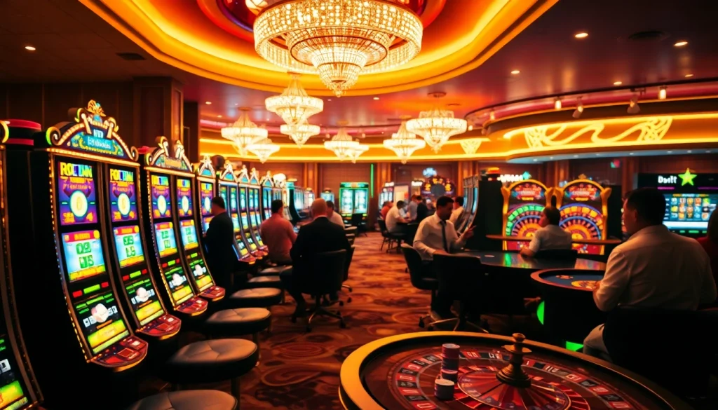 Para pemain menikmati sensasi birutoto pada mesin slot yang cerah di dalam suasana kasino mewah.