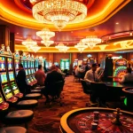 Para pemain menikmati sensasi birutoto pada mesin slot yang cerah di dalam suasana kasino mewah.