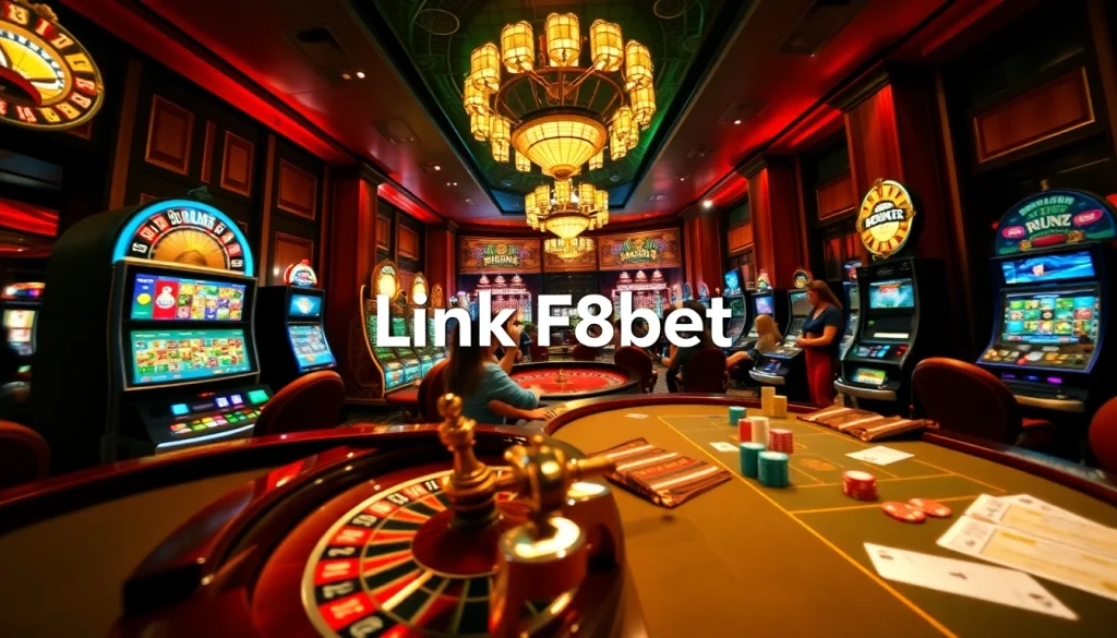 Experience excitement at a casino with Link F8bet, showcasing roulette and slot machines in action.