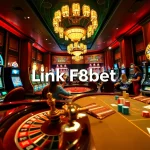 Experience excitement at a casino with Link F8bet, showcasing roulette and slot machines in action.