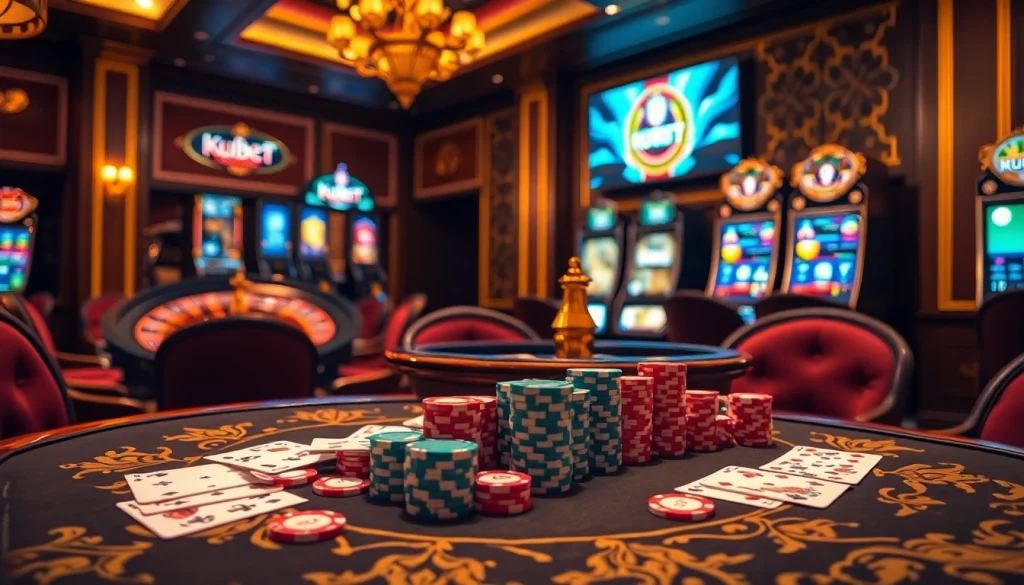 Experience intense gameplay at kubet77 with a vibrant poker table and luxury casino ambiance.
