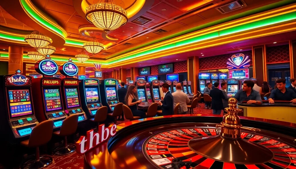 Players enjoying thrilling action at thabet casino with vibrant slots and roulette.