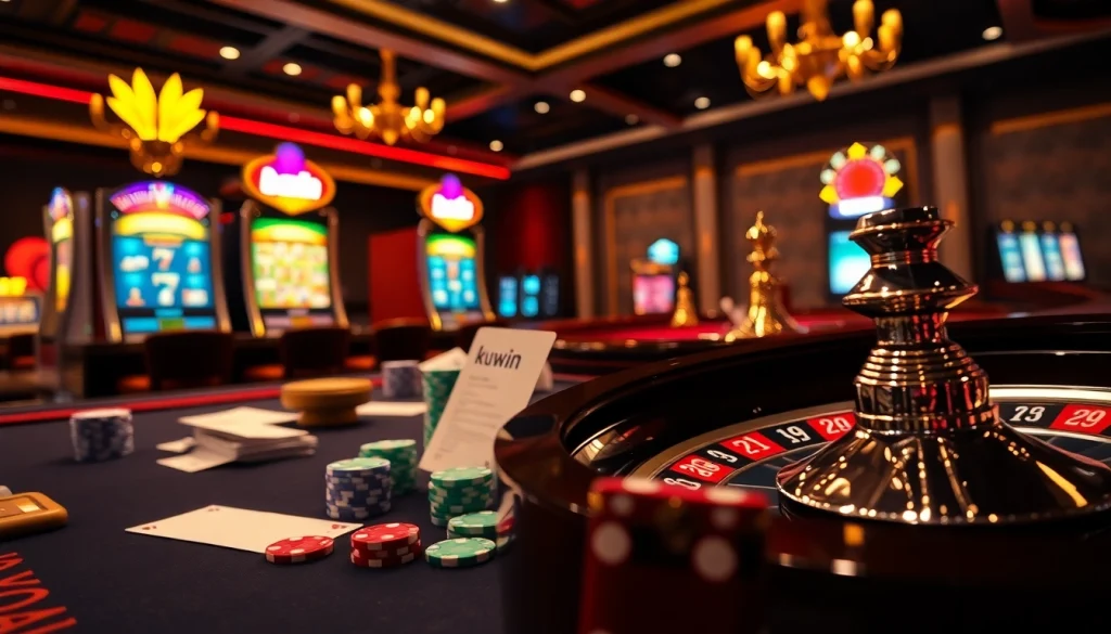 Kuwin casino table featuring high-stakes poker and vibrant slot machines in a luxurious setup.