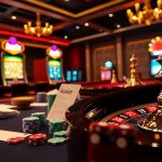 Kuwin casino table featuring high-stakes poker and vibrant slot machines in a luxurious setup.