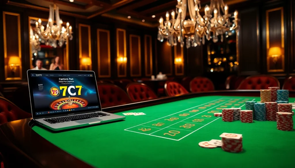 Experience the excitement at 7C77 online casino with vibrant poker chips and roulette.