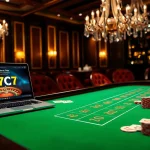 Experience the excitement at 7C77 online casino with vibrant poker chips and roulette.