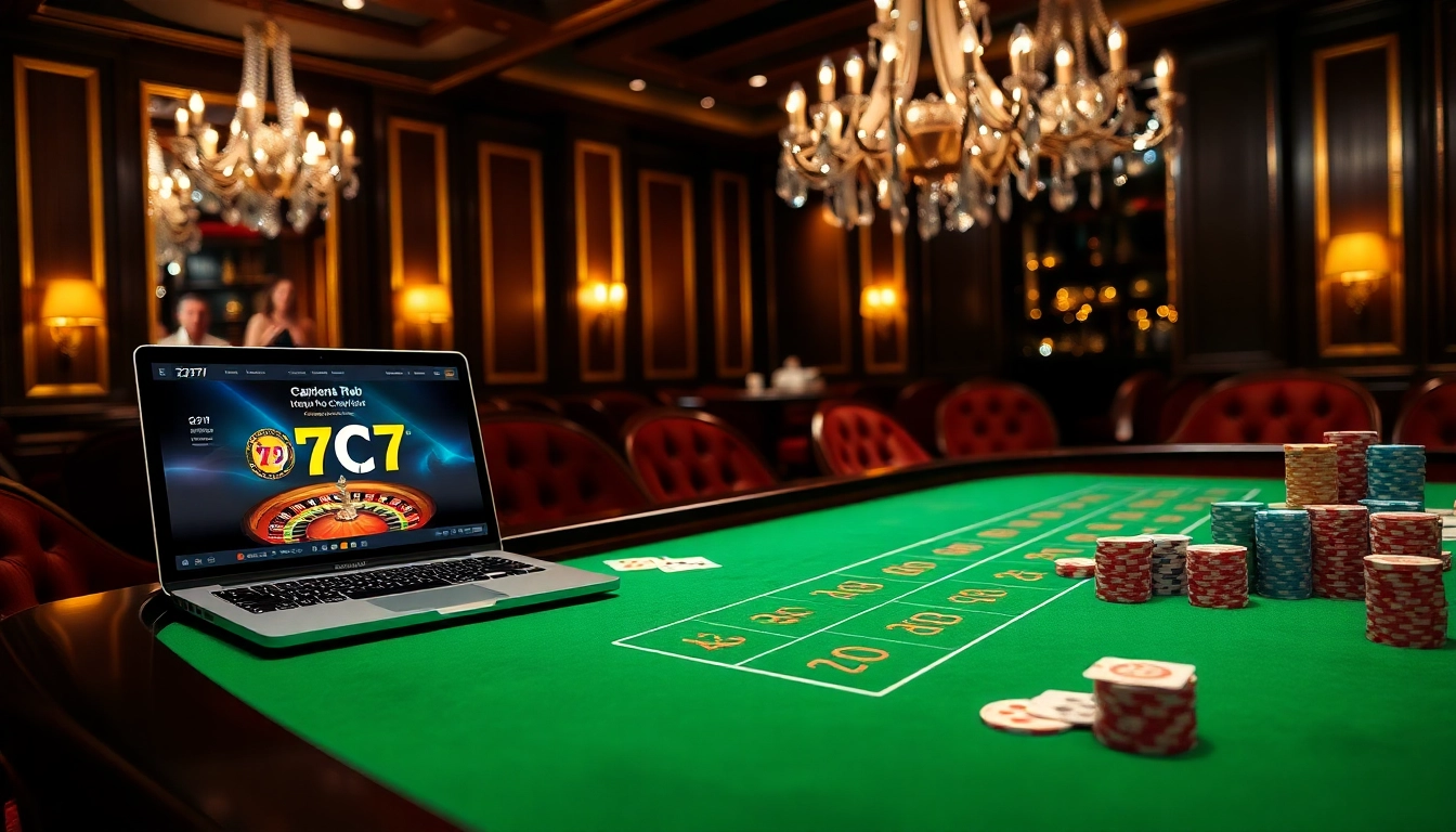 Experience the excitement at 7C77 online casino with vibrant poker chips and roulette.
