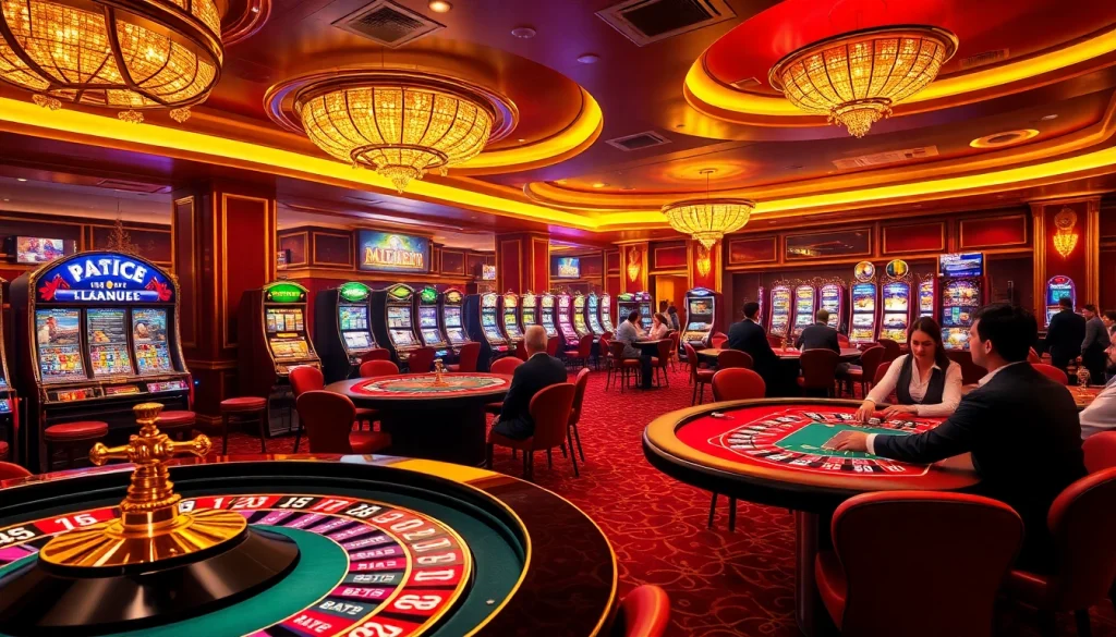 KJC poker players strategizing at a luxurious casino table, surrounded by vibrant slot machines and roulette wheels.