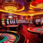 KJC poker players strategizing at a luxurious casino table, surrounded by vibrant slot machines and roulette wheels.