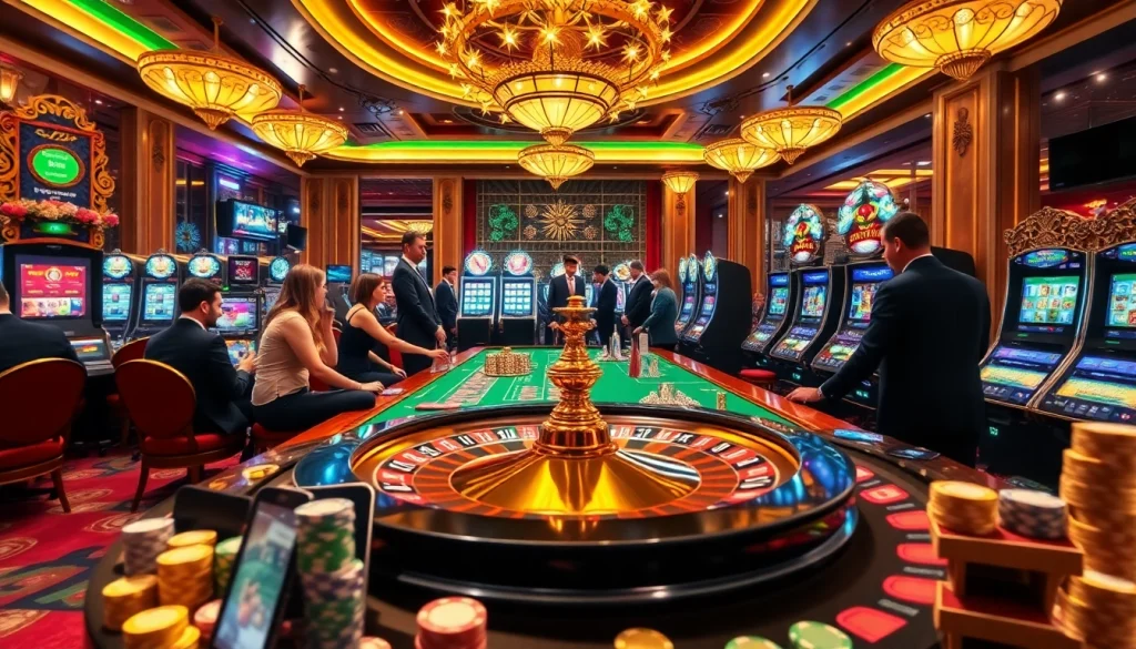 Experience thrilling gameplay at https://136bett.com.br/ with casino tables, vibrant slot machines, and engaged players.