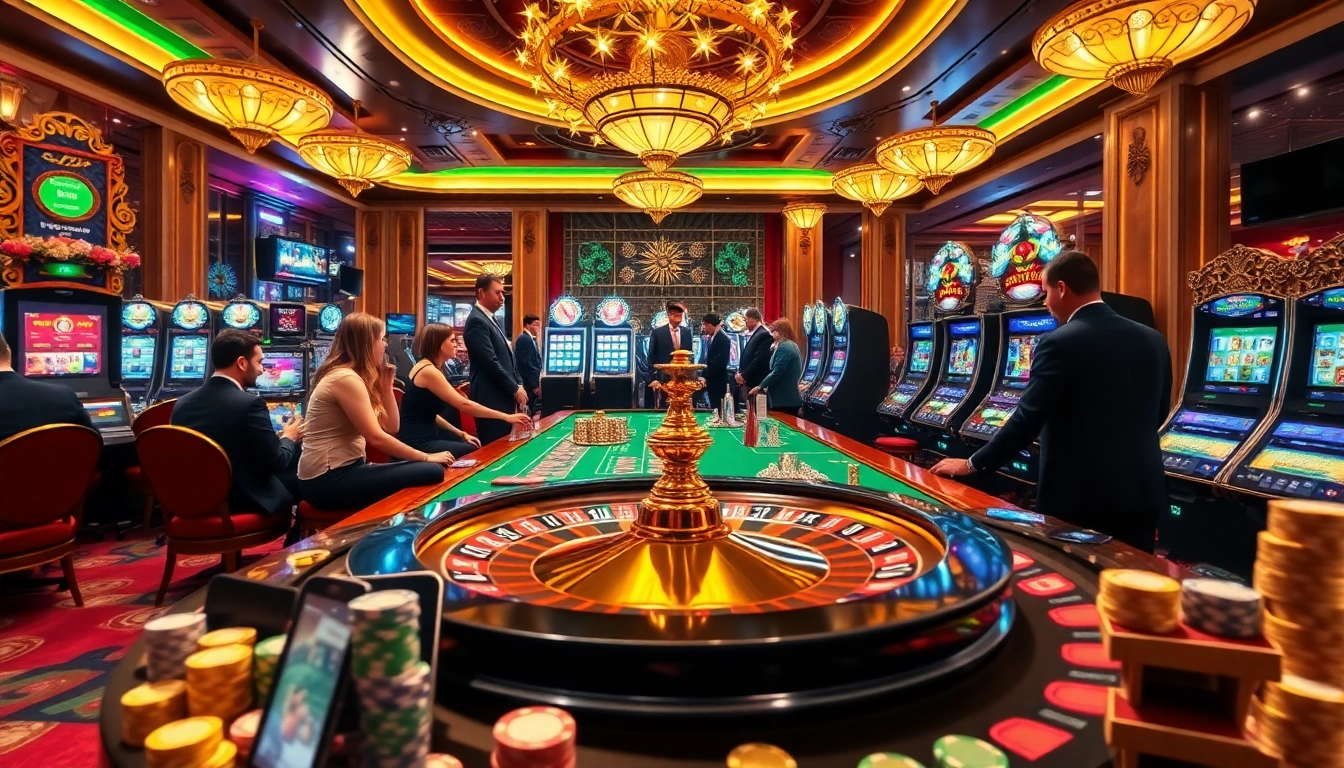 Experience thrilling gameplay at https://136bett.com.br/ with casino tables, vibrant slot machines, and engaged players.