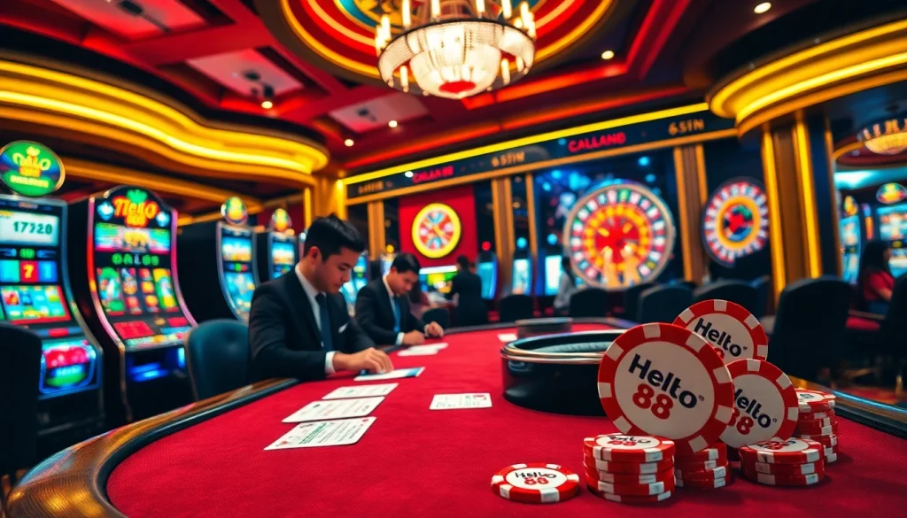 Excited players at a Hello88 poker table with chips and cards, showcasing thrilling casino gaming.