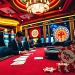 Excited players at a Hello88 poker table with chips and cards, showcasing thrilling casino gaming.