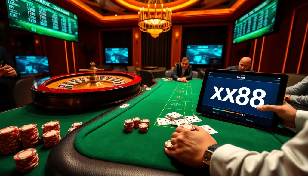 Gamble at xx88 casino table with poker chips and roulette wheel in luxury setting