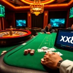 Gamble at xx88 casino table with poker chips and roulette wheel in luxury setting