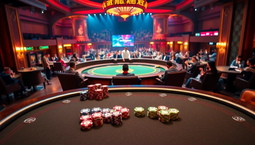 Experience the thrill of Đá Gà Thomo BJ888 with a vibrant casino scene featuring lively betting and action.