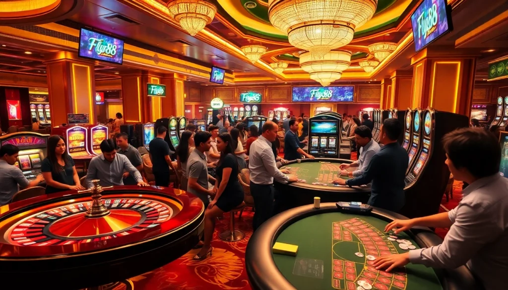Fly88 gamblers enjoy an exciting game at a luxurious casino, showcasing roulette, poker, and slots.