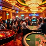 Fly88 gamblers enjoy an exciting game at a luxurious casino, showcasing roulette, poker, and slots.