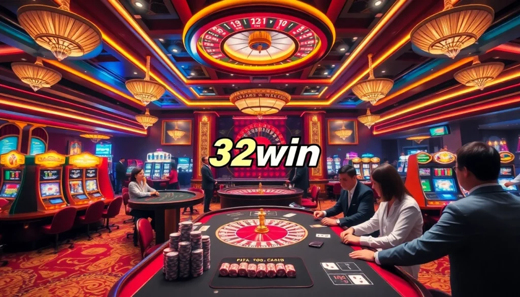 Action-packed gaming scene at 32win trang chủ casino, showcasing vibrant tables and enthusiastic players.
