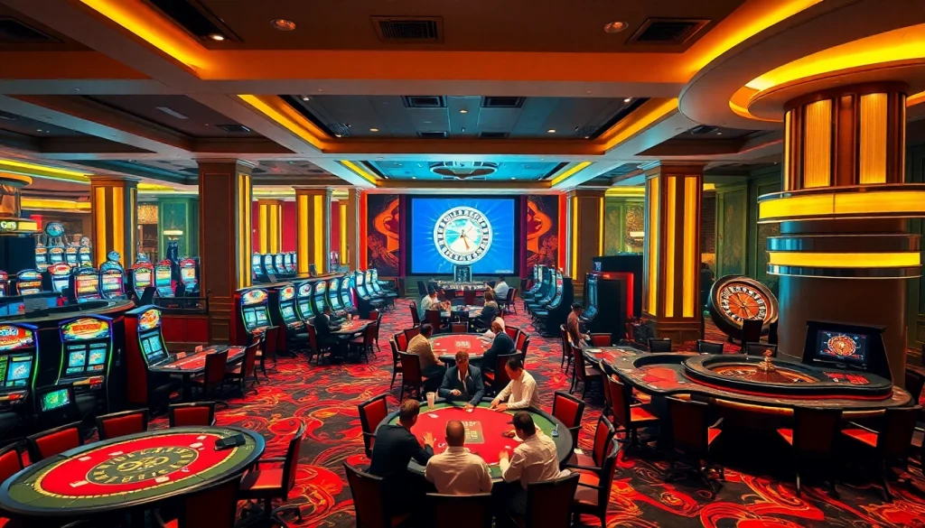 Experience the thrill of winning at go8's luxurious casino gaming floor with vibrant tables and slot machines.