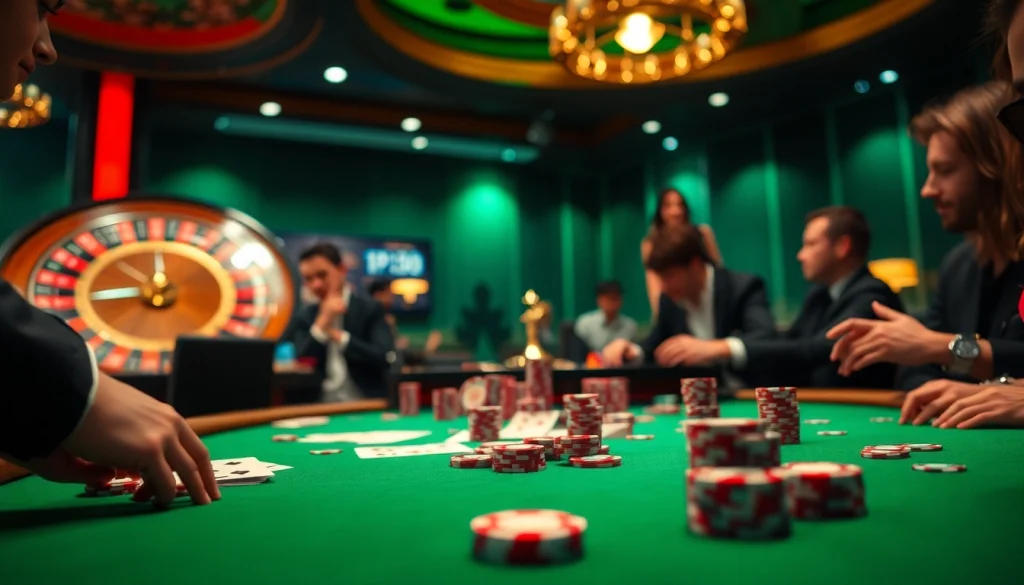 Kèo nhà cái: Engaged gamblers at a luxurious casino poker table with vibrant chips and cards.