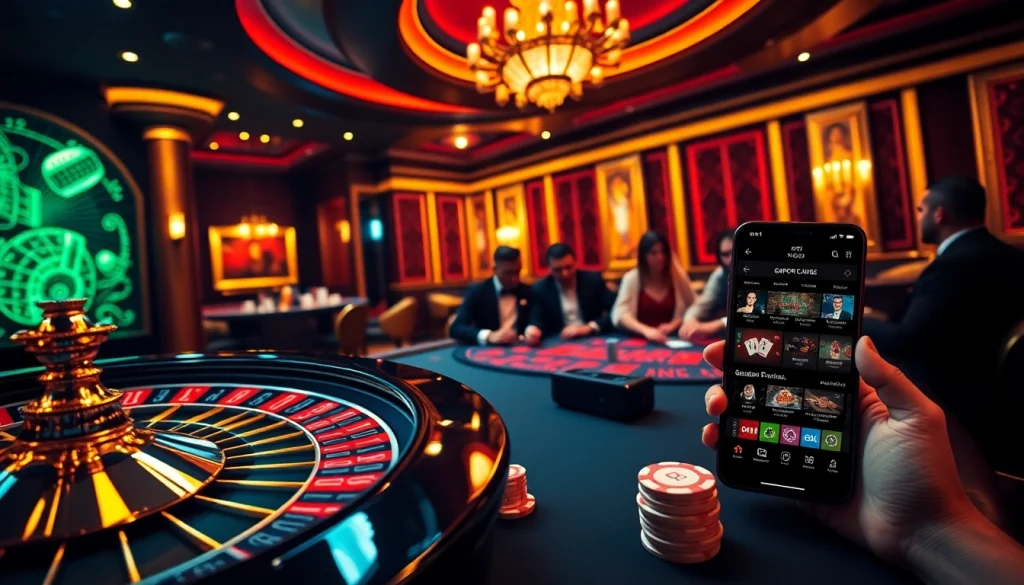 Engage in thrilling games at https://do666.at featuring a luxurious casino scene with poker and roulette.