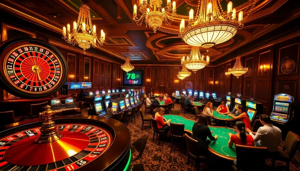 Players enjoying thrilling games at the luxurious 789f casino with roulette and slot machines.