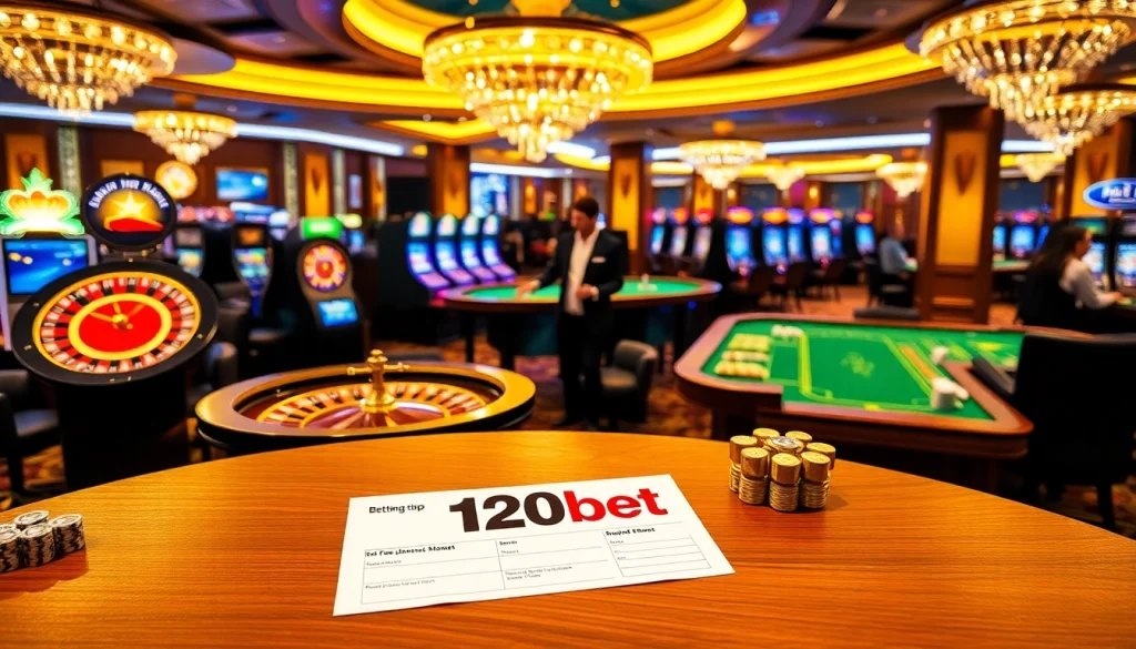 Experience the excitement of 120bet with a vibrant casino scene featuring roulette, poker, and lights.
