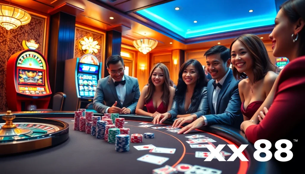 Experience the thrill of gambling at xx88 with a vibrant casino scene featuring poker and slot games.