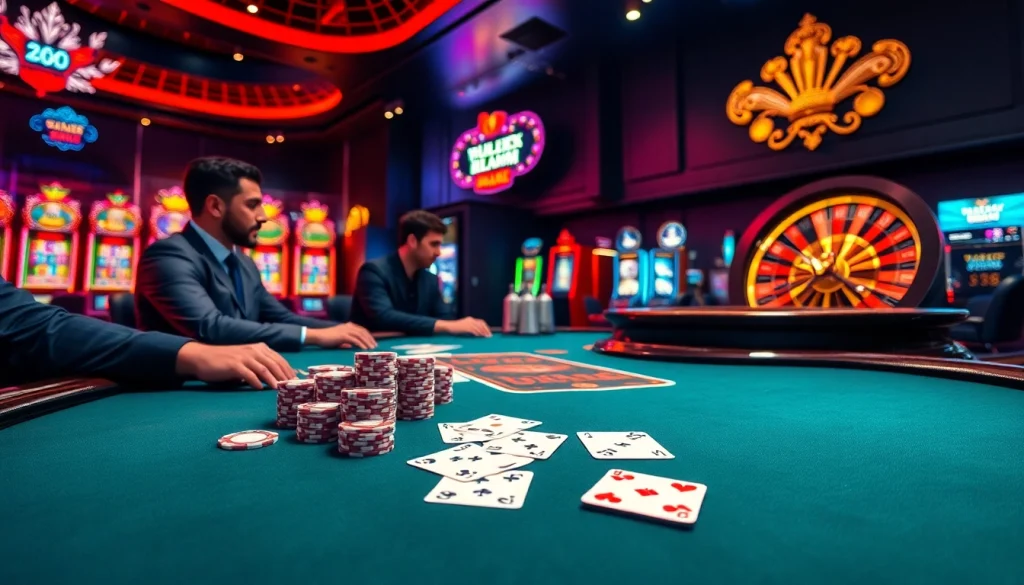 Engaging casino players at a high-stakes poker table, showcasing thrilling moments at https://king888.black/.