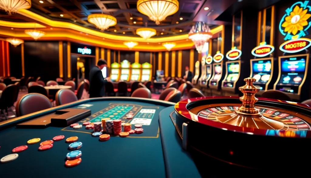 Players enjoying a thrilling casino experience with mg188, featuring vibrant tables and engaging gameplay.