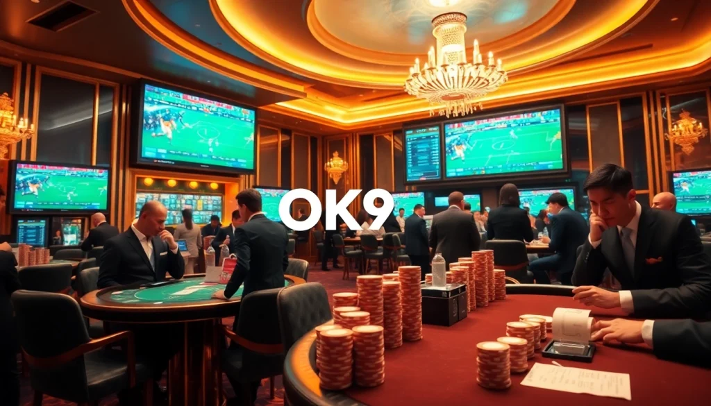 Engaged bettors enjoying OK9 BÓNG ĐÁ action in a vibrant sports betting casino.