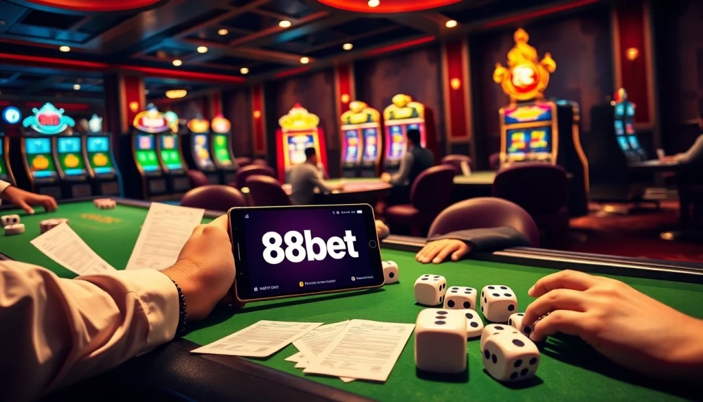 An exciting 88bet online gambling scene showcasing casino tables, poker action, and vibrant slot machines.