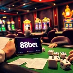 An exciting 88bet online gambling scene showcasing casino tables, poker action, and vibrant slot machines.