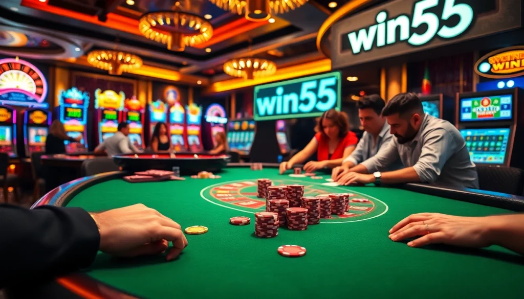 Experience the thrill of the win55 casino scene with vibrant poker chips and cards.