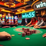 Experience the thrill of the win55 casino scene with vibrant poker chips and cards.