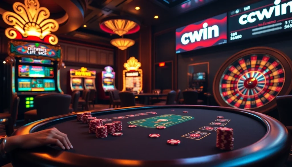 Experience the thrill of winning at cwin casino with an elegant blackjack table and vibrant slot machines.