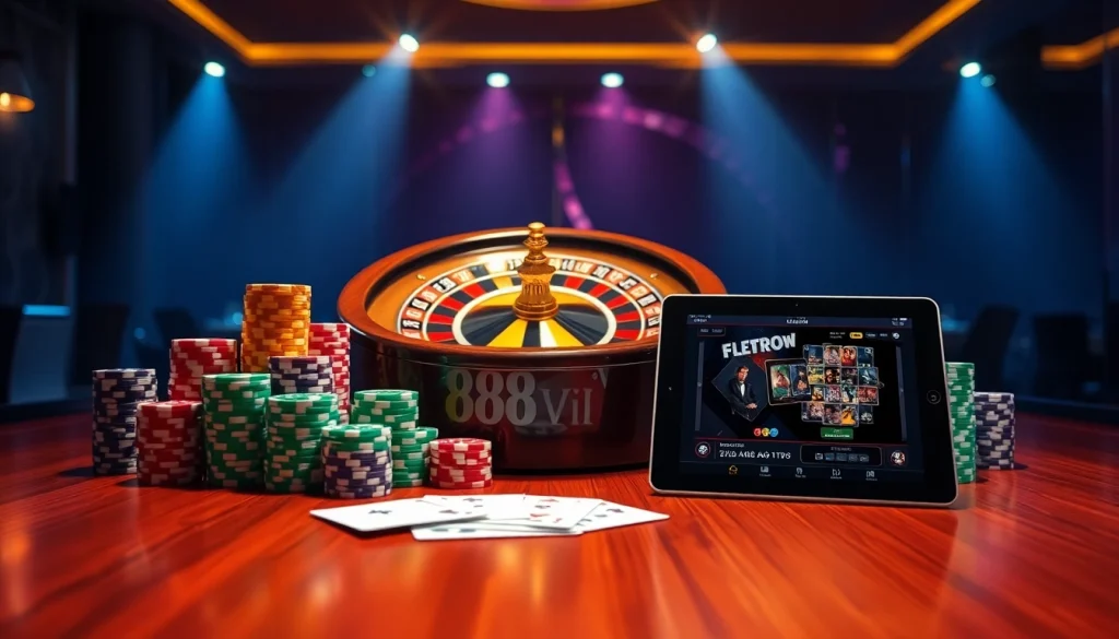 Experience the thrill of online gambling with 888VI at a luxurious casino table featuring vibrant poker chips and cards.