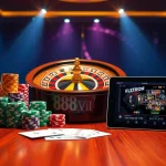 Experience the thrill of online gambling with 888VI at a luxurious casino table featuring vibrant poker chips and cards.