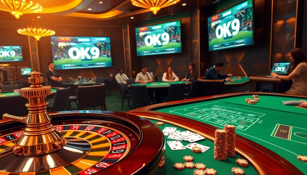 Exciting betting scene with OK9 BÓNG ĐÁ elements, showcasing gamblers at a casino.