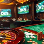 Exciting betting scene with OK9 BÓNG ĐÁ elements, showcasing gamblers at a casino.