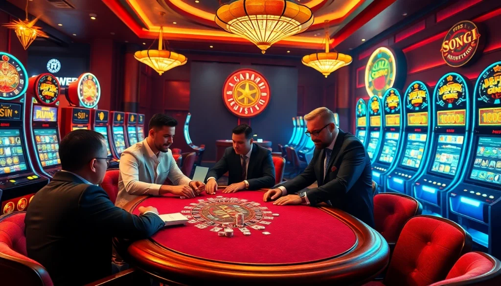 Players enjoying vibrant casino games at https://rr88it.com/ with tension-filled poker action and slot machines.