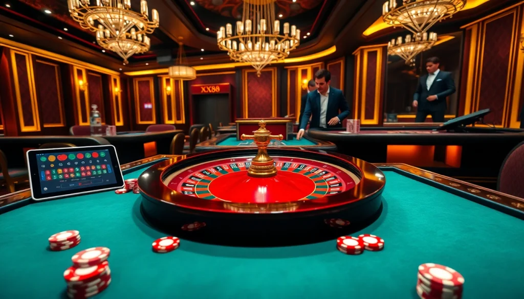Experience the thrill of gambling at XX88 with vibrant tables and spinning roulette wheels.