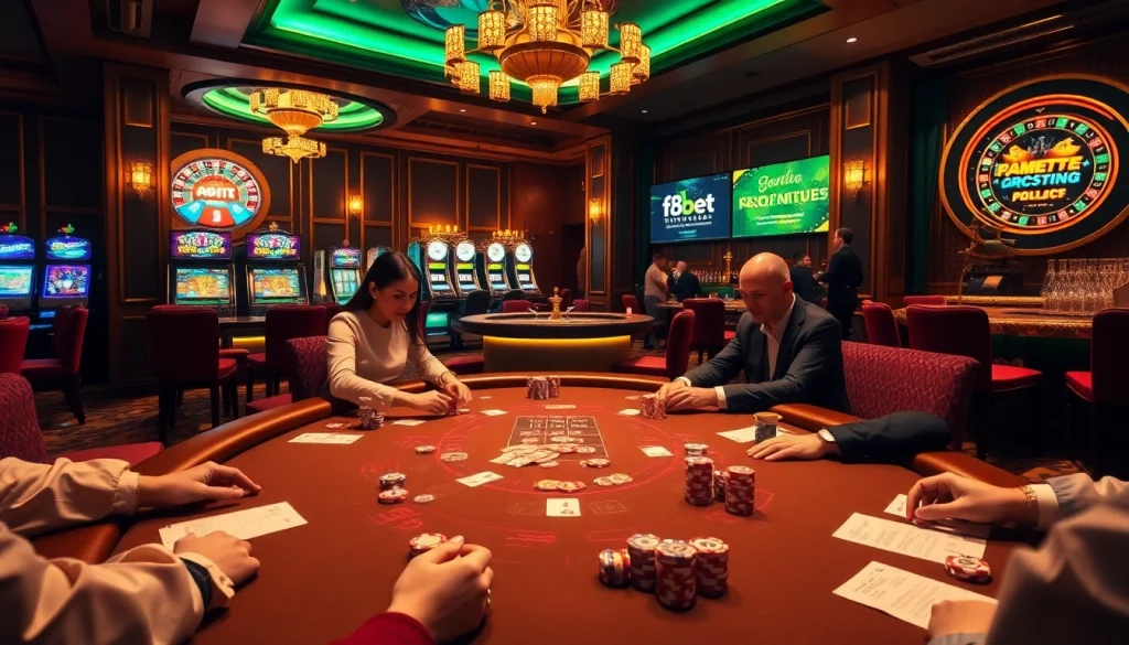 Players at a vibrant poker table enjoying f8bet promotions in a luxurious casino setting.