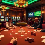 Players at a vibrant poker table enjoying f8bet promotions in a luxurious casino setting.