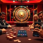 TOPVIP casino players engaging at a high-stakes poker table with dynamic gaming elements.