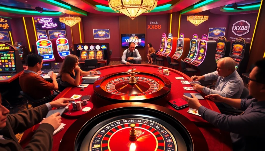 Players engage in thrilling actions at the XX88 casino table, with vibrant gaming elements and excitement.