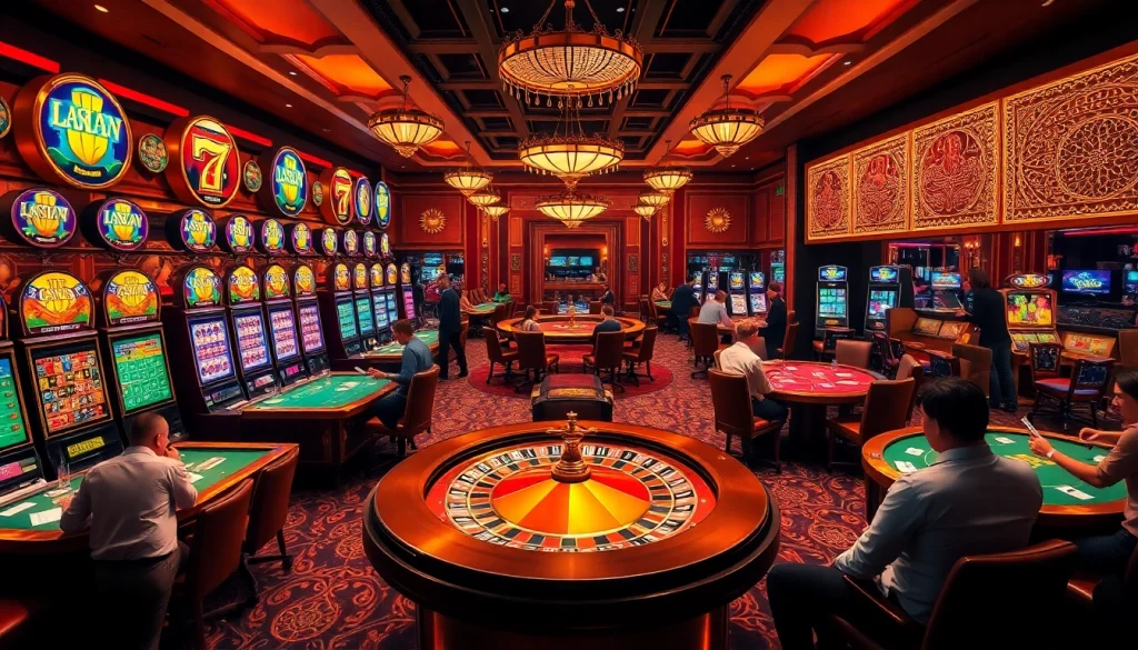 Experience excitement at Okfun casino with luxurious gaming tables and vibrant slot machines.