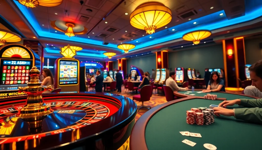 Players engaging at kkwin.co.com casino tables with vibrant lights and gaming action.